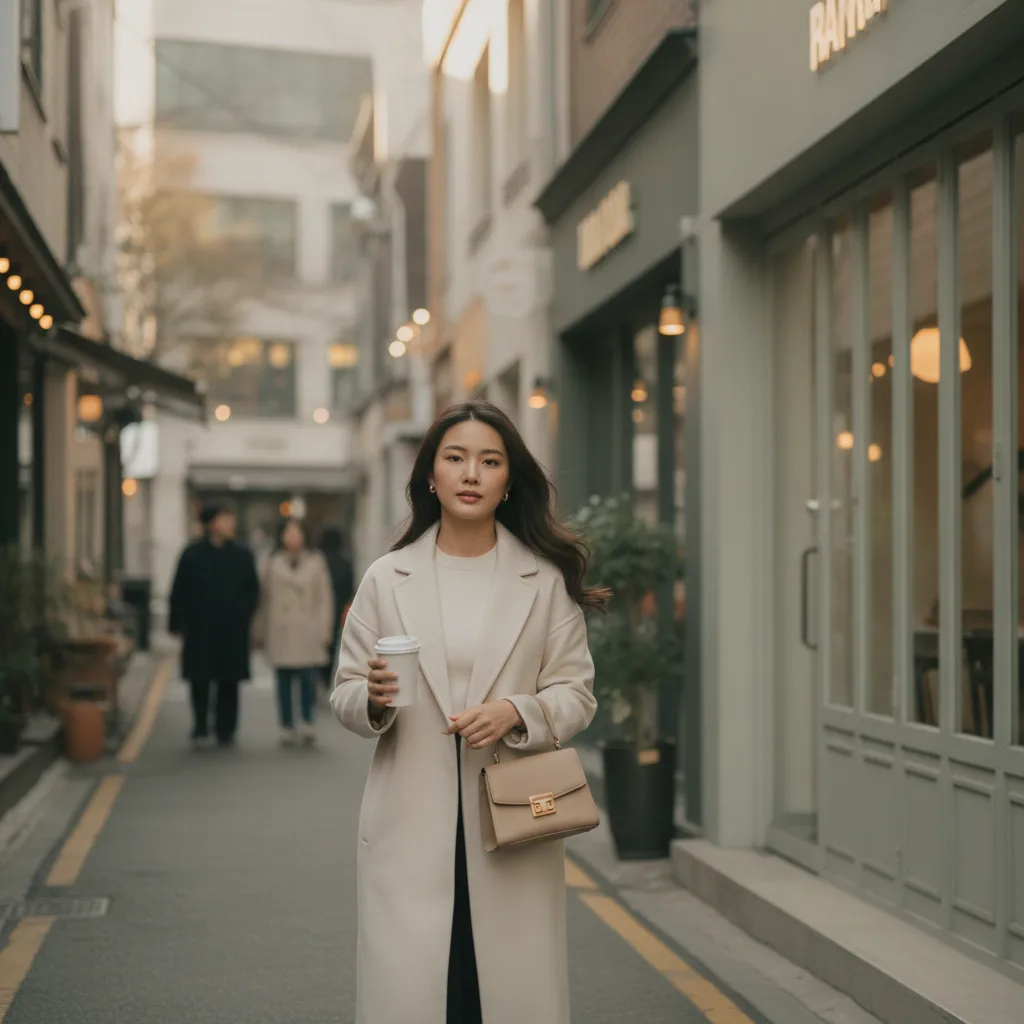 Patient walking a Hongdae side street in Seoul holding a coffee after a clinic visit