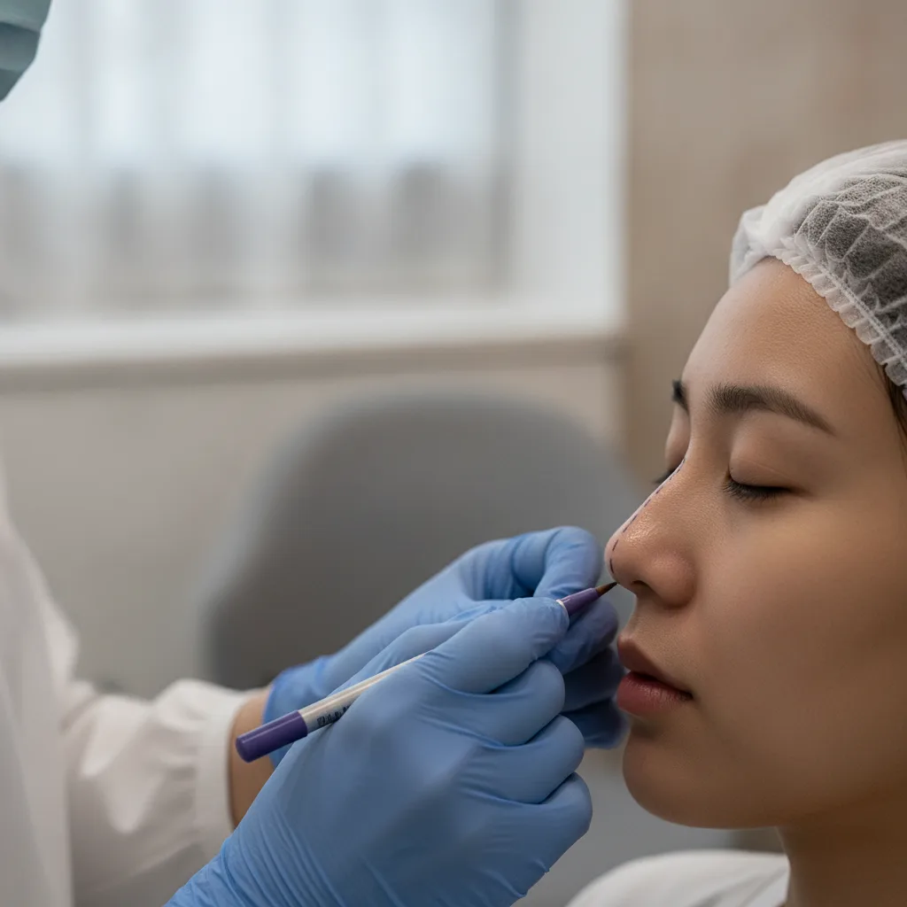 Surgeon's gloved hands marking the columella of a Southeast Asian woman's nose with a surgical pen before an open rhinoplasty incision in a Seoul clinic