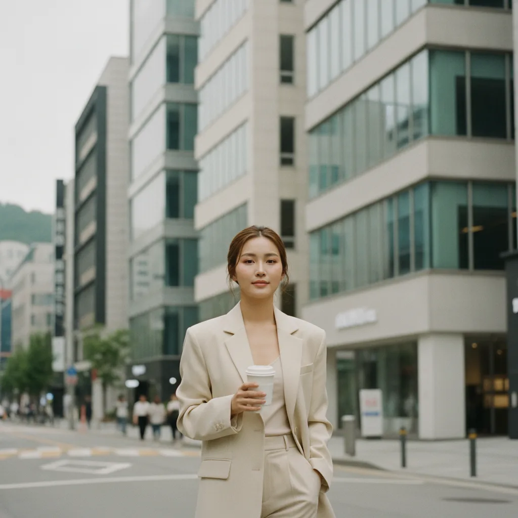 A woman walking an Apgujeong street in Seoul with a takeaway coffee after an aesthetic procedure
