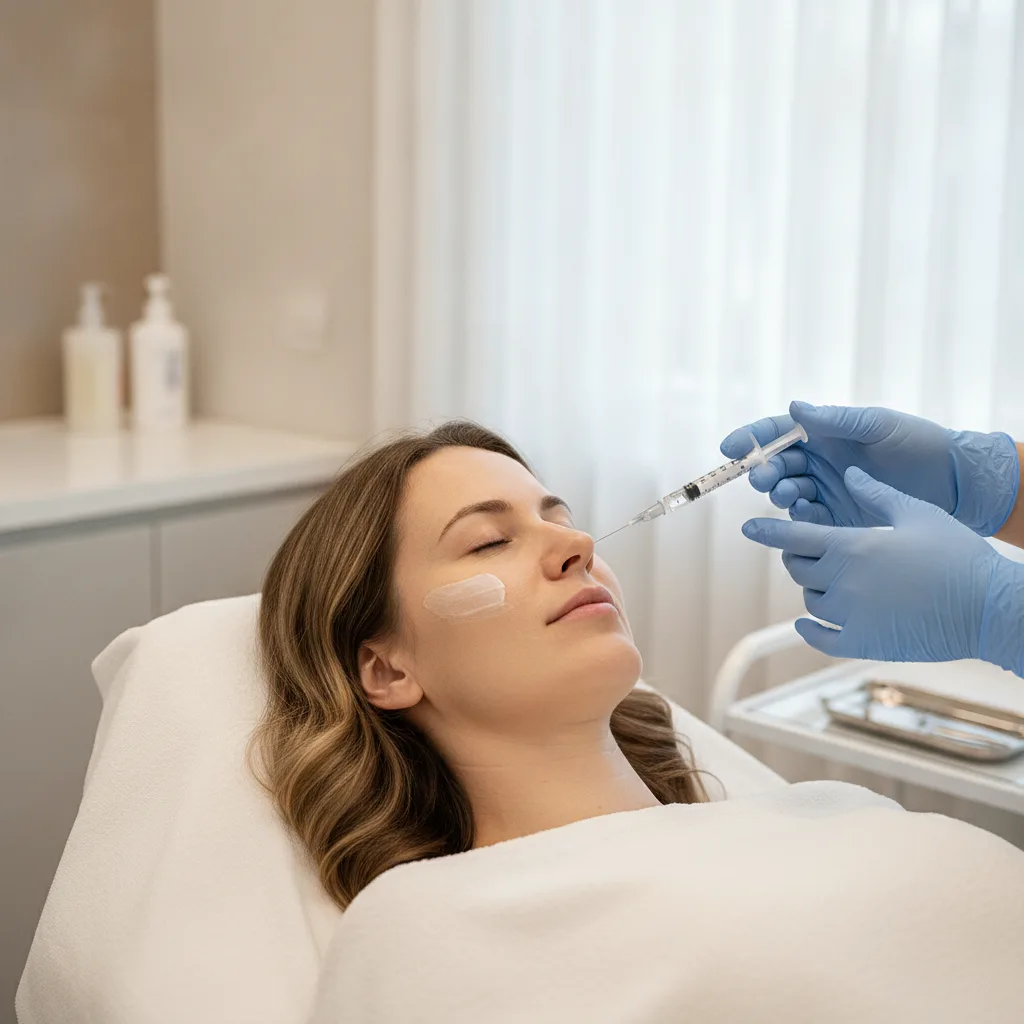 Caucasian woman in her early thirties receiving a Rejuran skin booster injection on her cheekbone from a gloved practitioner at a Hongdae Seoul aesthetic clinic