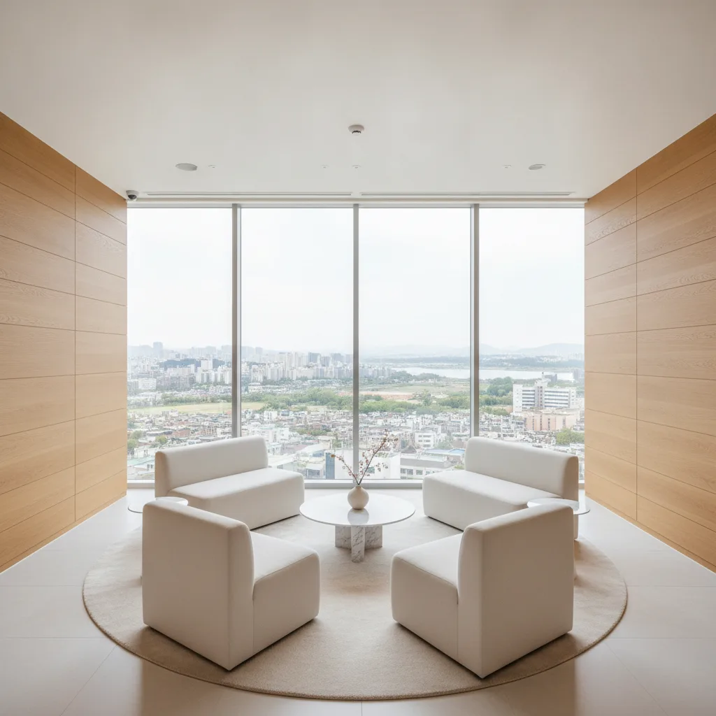 Modern boutique aesthetic clinic reception on an upper floor in Hongdae Seoul with warm wood paneling and soft daylight
