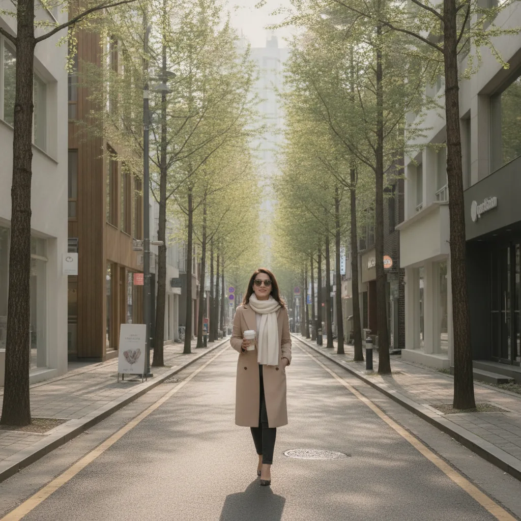 Woman walking a quiet Apgujeong street in post-recovery mode, holding coffee