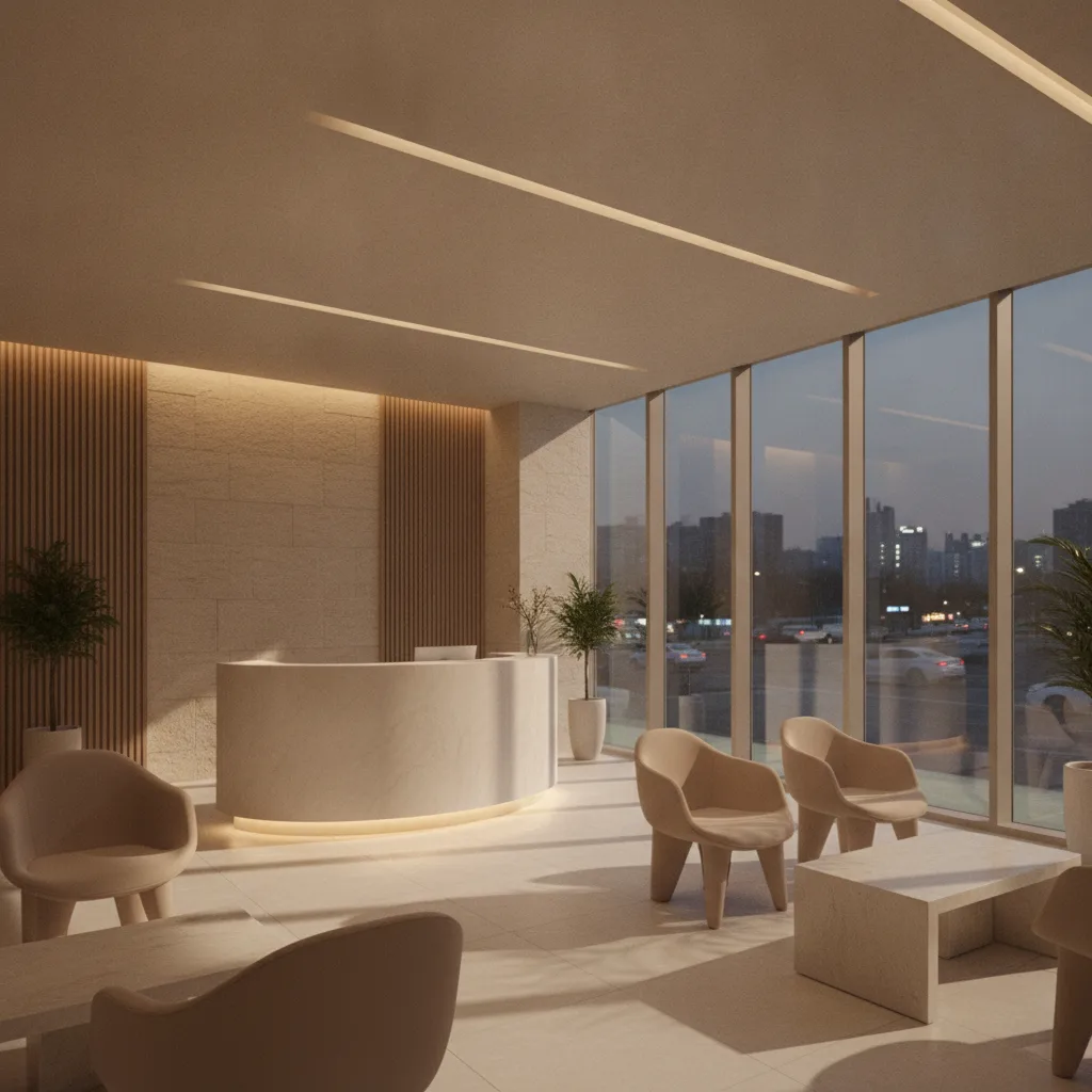 Modern Seoul plastic surgery clinic reception in Gangnam at dusk, floor-to-ceiling glass, stone and beige minimalist interior.