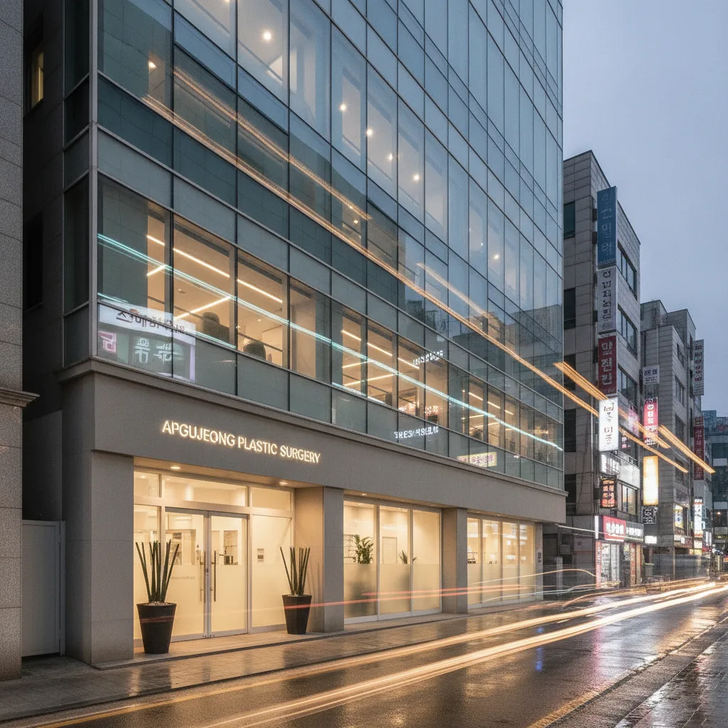 Modern plastic surgery clinic facade at dusk in Apgujeong Rodeo, Seoul