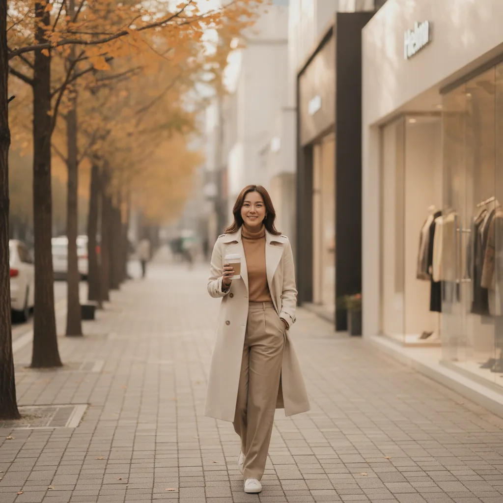 Thai medical tourist walking a Sinsa Garosu-gil side street in autumn post-consultation