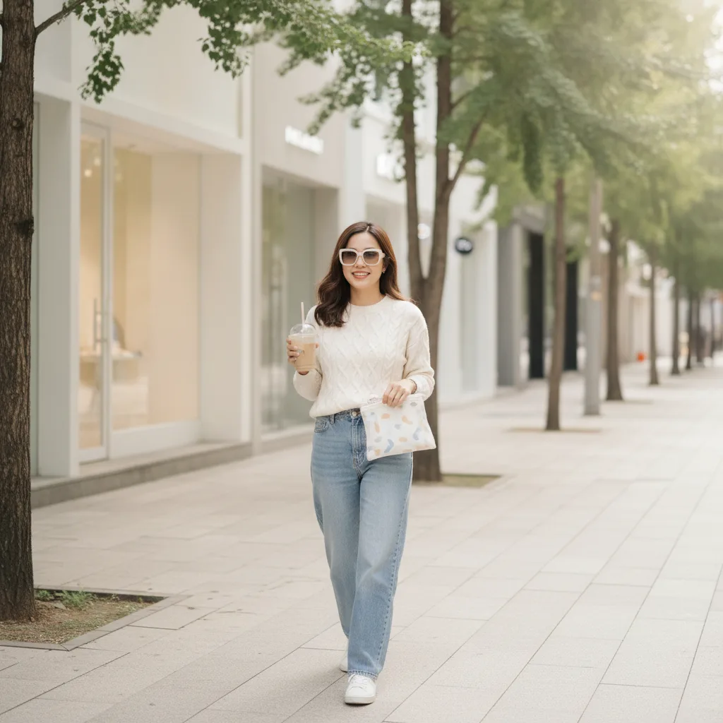 Patient walking an Apgujeong street with coffee and a clinic aftercare pouch post-treatment
