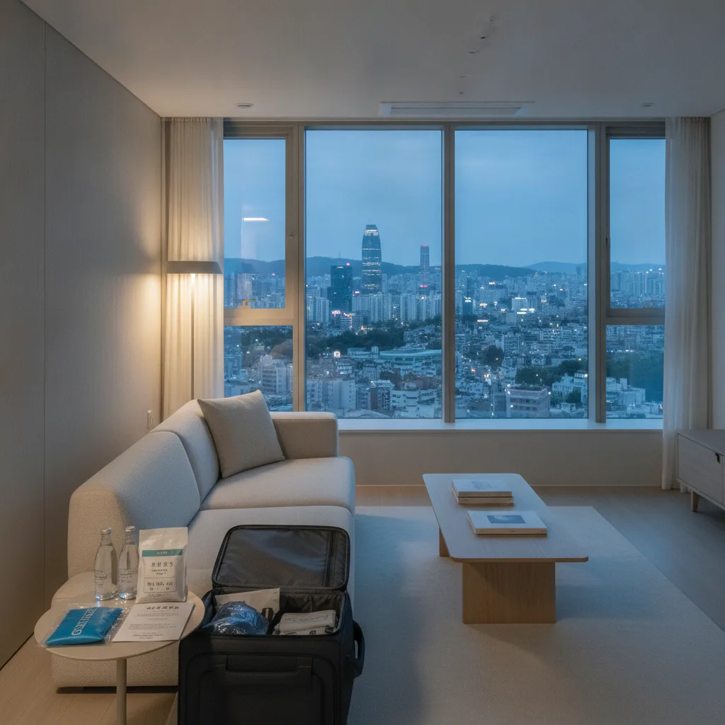 Modern Gangnam serviced-apartment living room at dusk with recovery supplies and a packed suitcase on a side table