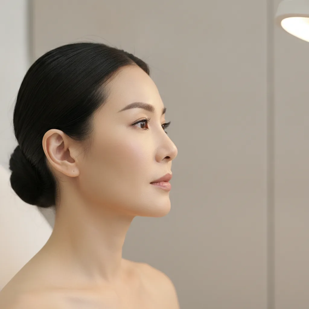 Profile view of a woman in her late forties showing the jawline area addressed by SMAS and deep plane facelift techniques.