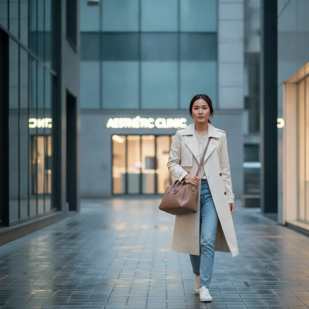 Traveler walking a Sinnonhyeon street at blue hour with a small weekender bag and clinic signage in the background