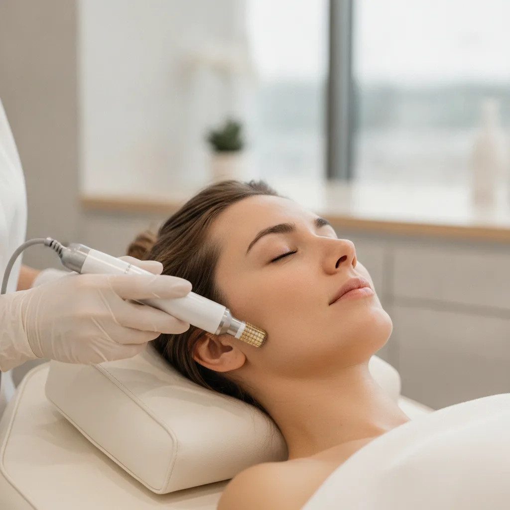 Caucasian woman in her early thirties receiving RF microneedling on her jawline from a gloved practitioner at a Hongdae aesthetic clinic