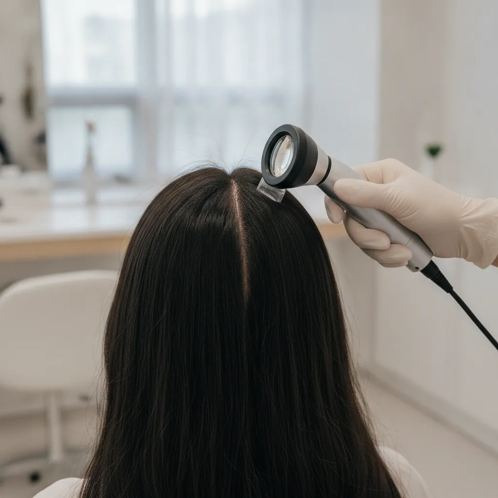 Thai woman in her late twenties having her scalp parting examined with a handheld dermatoscope by a gloved clinician in a bright Seoul clinic treatment room