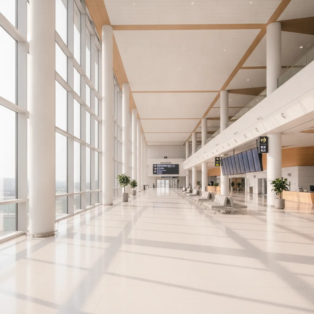 Interior of Incheon International Airport Terminal 2 departures hall in soft morning light.