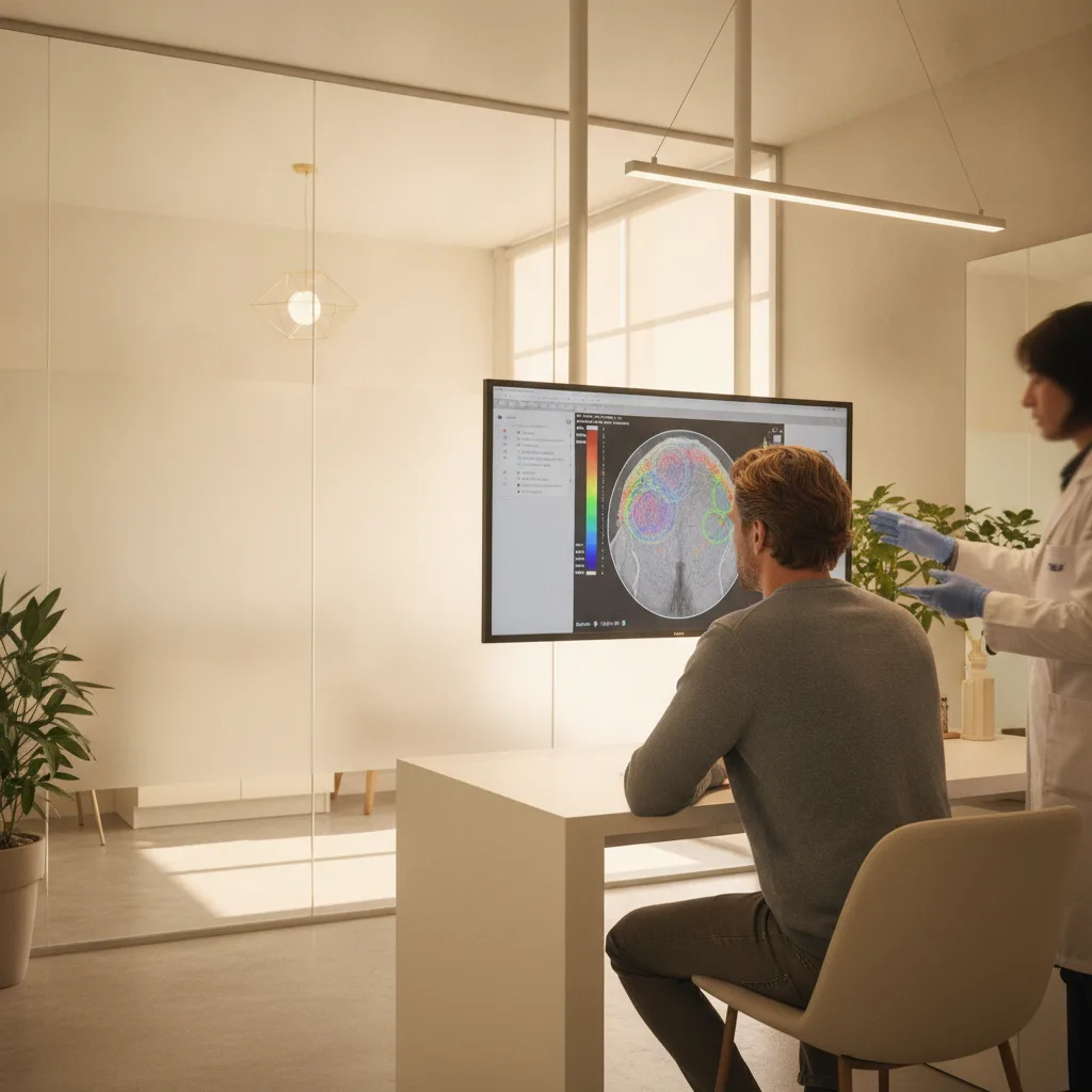 Caucasian man in his early thirties reviewing a scalp density scan with a doctor in a modern Apgujeong hair transplant clinic consultation room