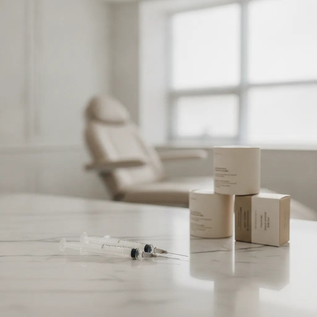 Three unlabeled dermal filler syringes arranged on a marble countertop at a Gangnam Seoul aesthetic clinic treatment room