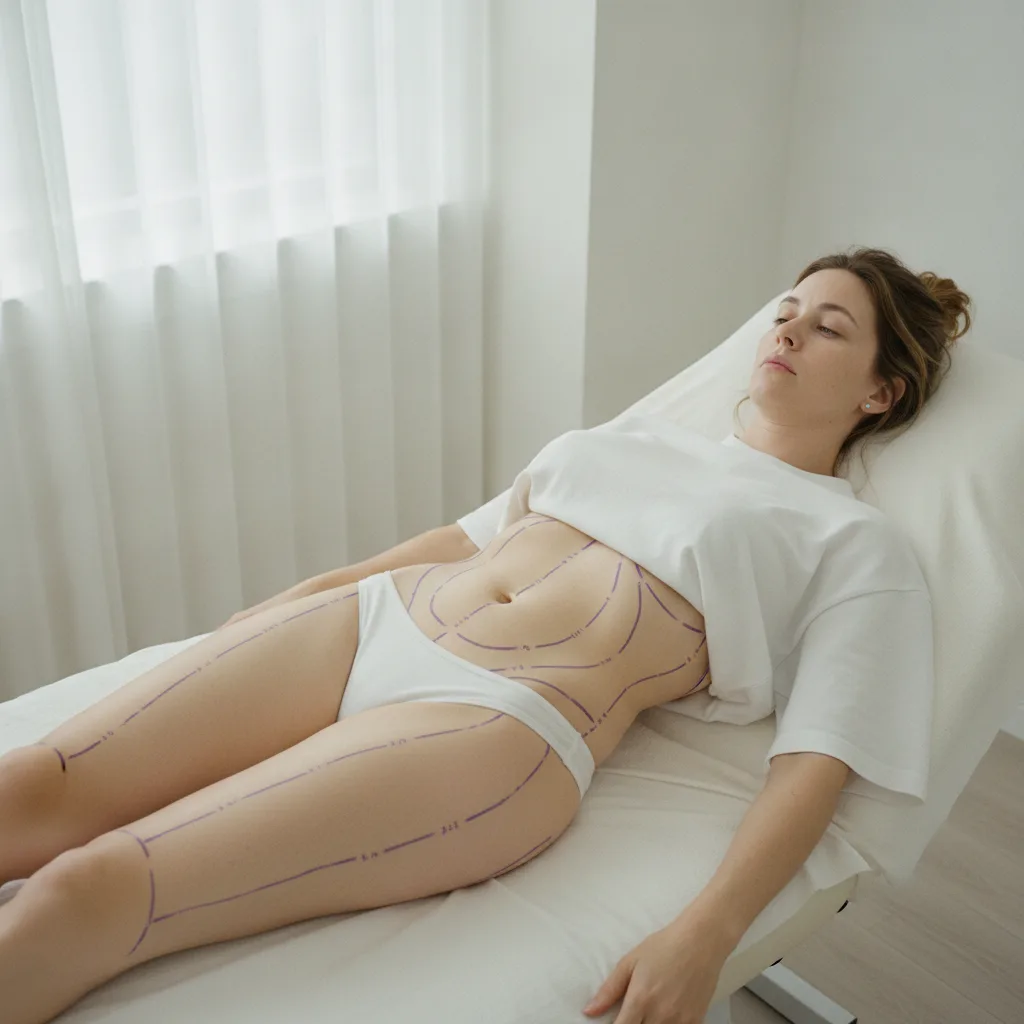Pre-operative surgical markings on a woman's abdomen and flanks indicating 360 liposuction treatment zones