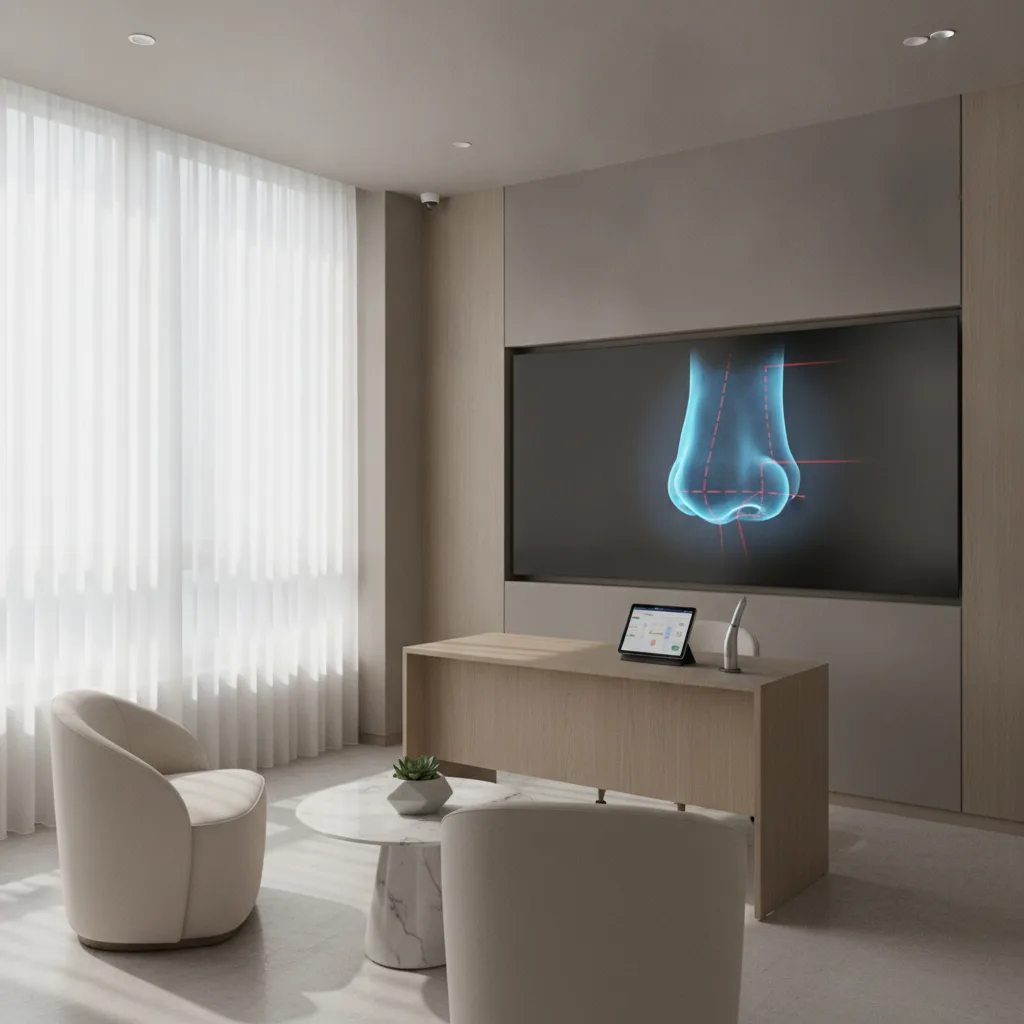 Modern Gangnam plastic surgery consultation room in Seoul with a 3D nose imaging screen showing open rhinoplasty incision plan