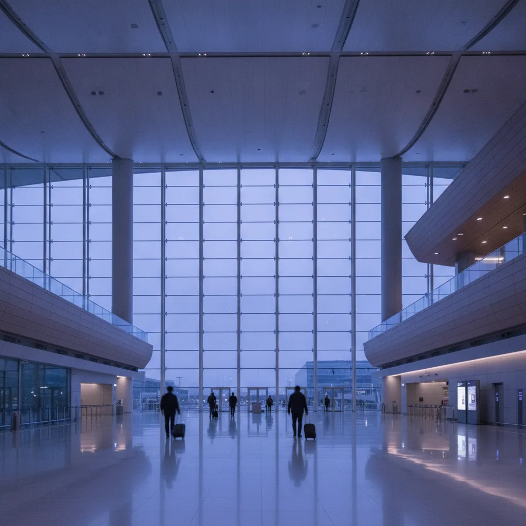Incheon International Airport departures hall at dusk with blurred travellers pulling suitcases through tall glass walls.