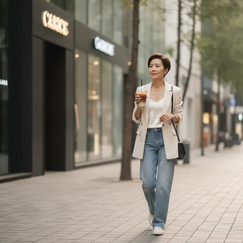 Mixed-race woman walking a Cheongdam side street in Seoul after a laser clinic appointment