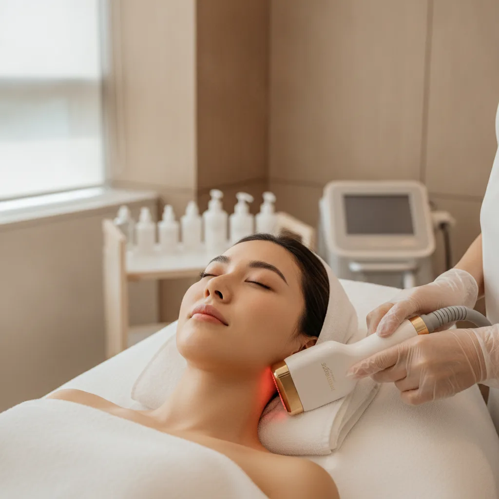 Thermage RF handpiece in use on a patient's jawline inside a Gangnam clinic treatment room
