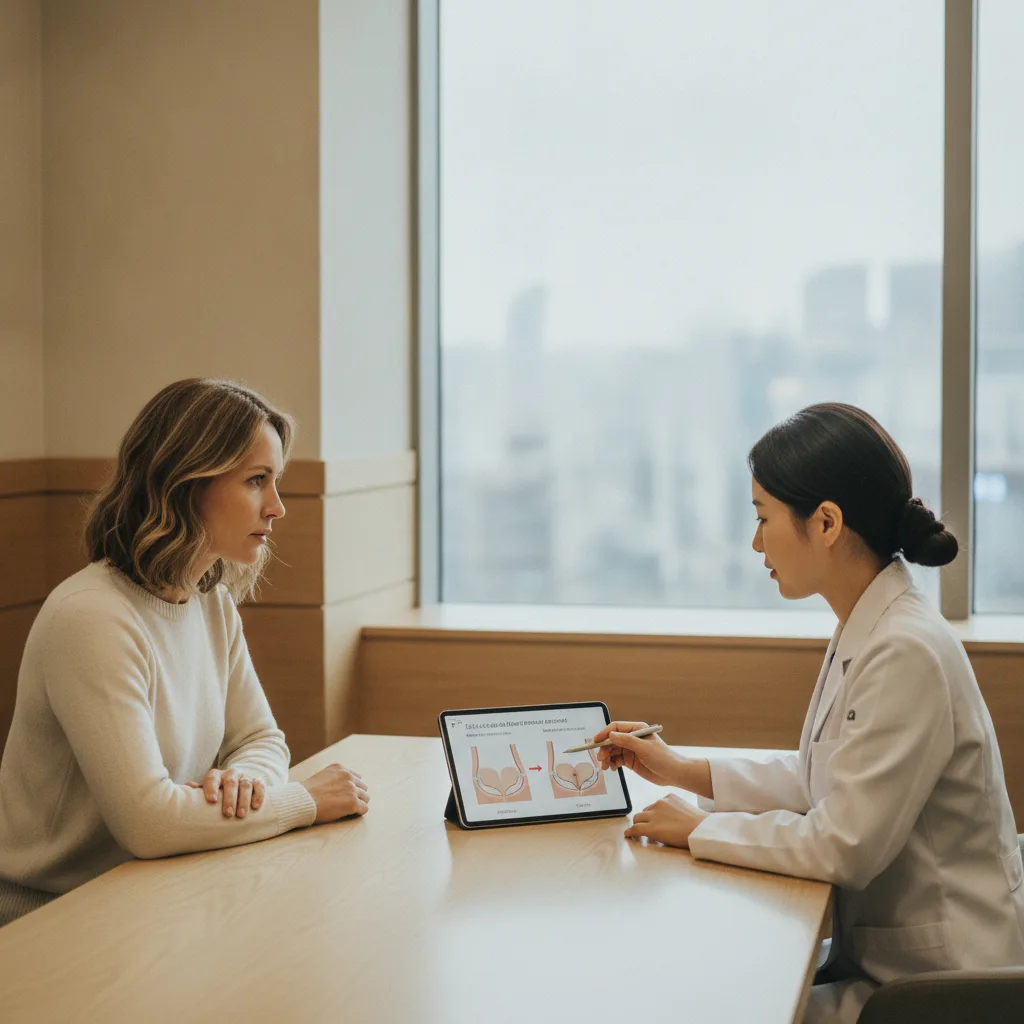 Caucasian woman in her forties reviewing a breast implant removal diagram with a surgeon at a Seoul Apgujeong plastic surgery consultation table