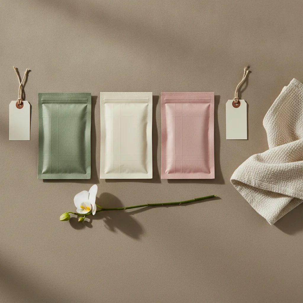 Three sealed thread-lift packaging pouches arranged on a matte warm-grey surface at a Seoul Apgujeong aesthetic clinic styling table