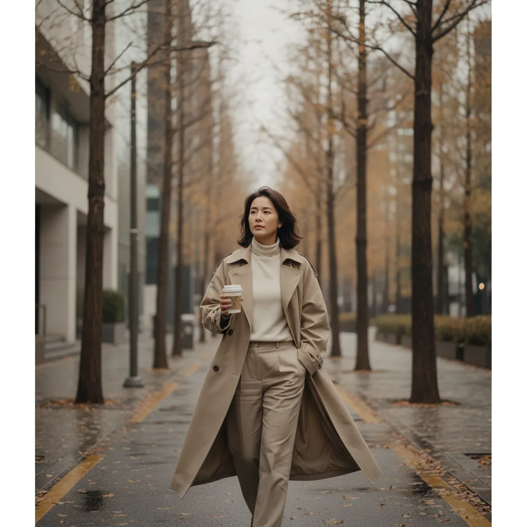 Thai woman in her mid thirties walking a Cheongdam Seoul street in autumn during post-surgery recovery