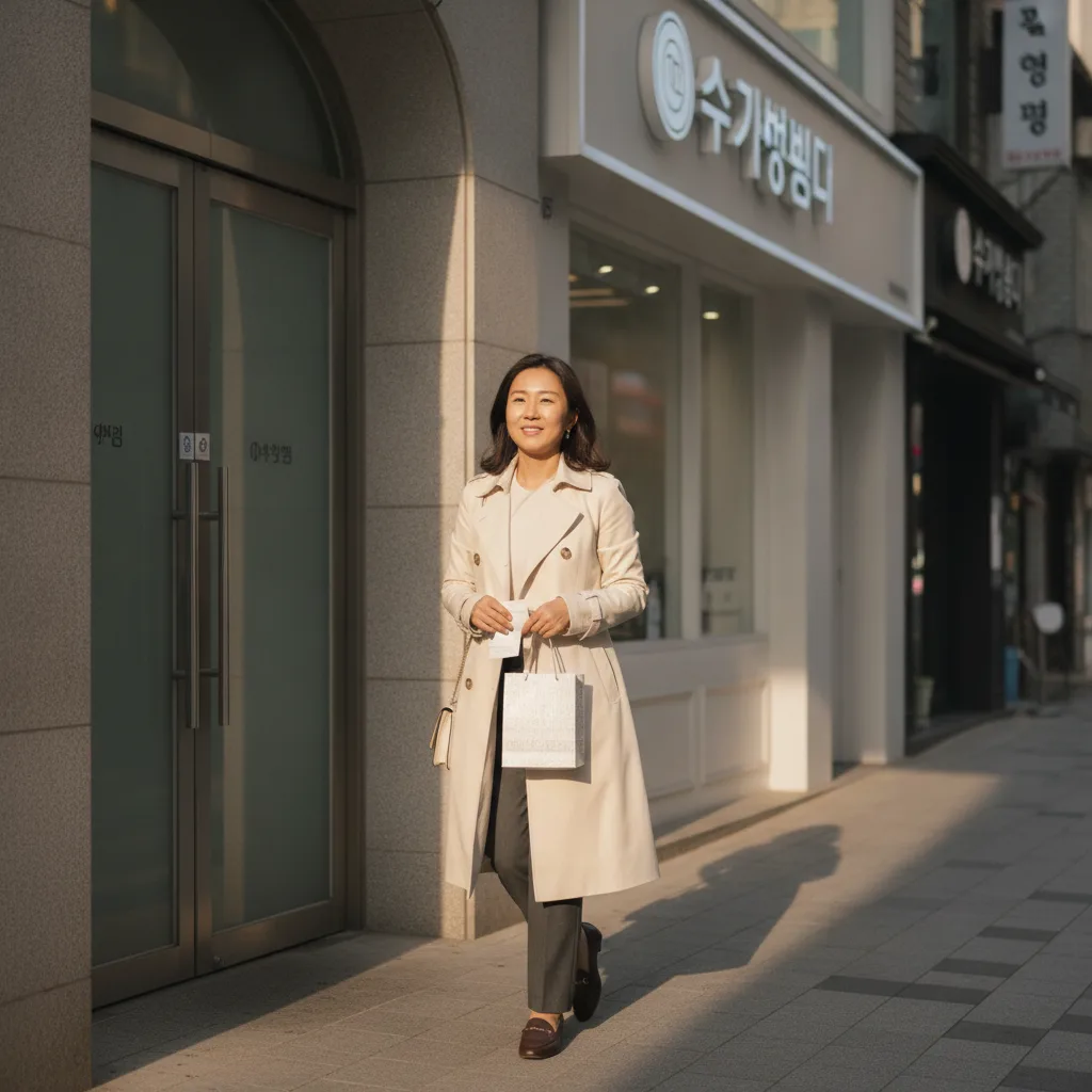 Patient leaving a Gangnam aesthetic clinic holding a receipt in early evening light
