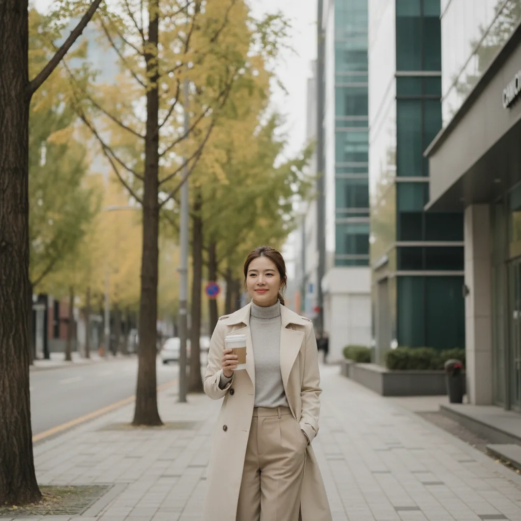 A woman walks along a tree-lined Seocho street past modern mid-rise clinic buildings, holding a coffee