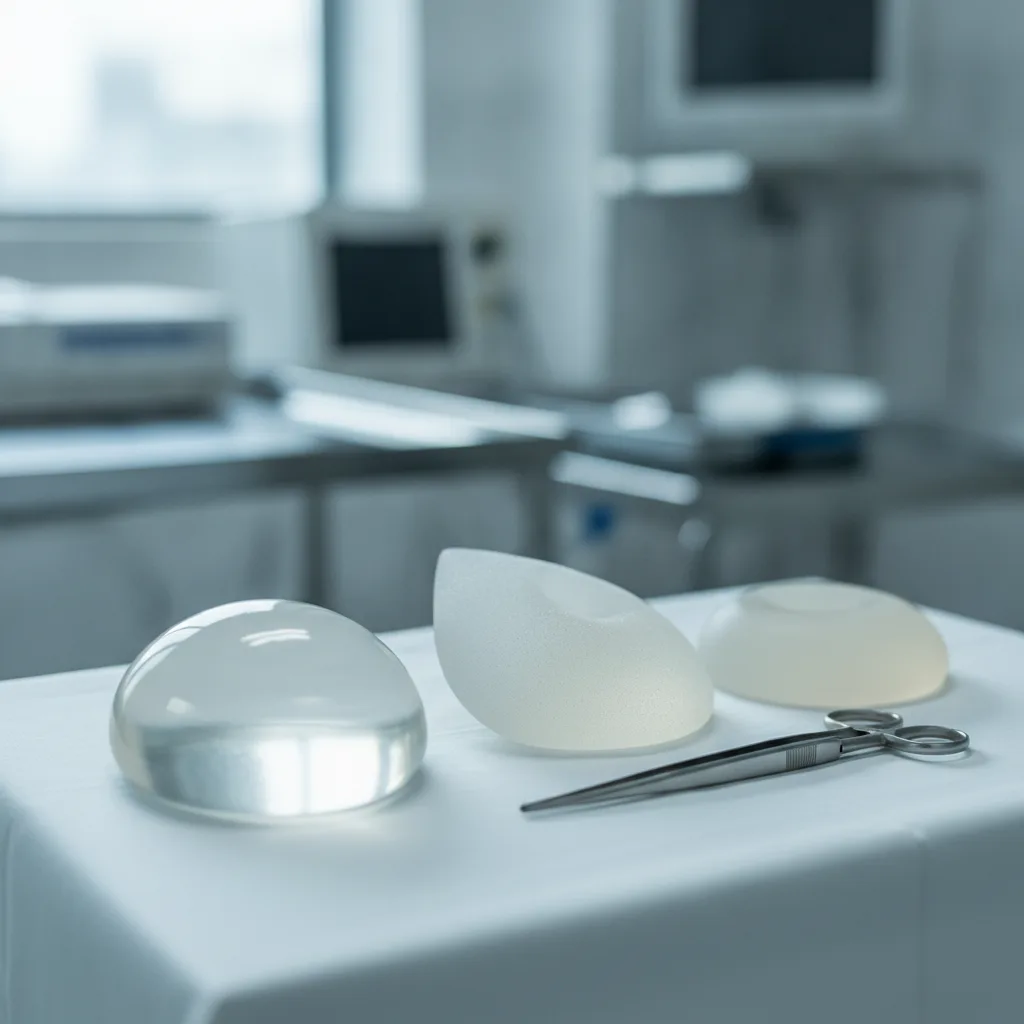Three breast implants on a surgical tray at a Seoul plastic surgery clinic: round smooth silicone, anatomical teardrop, and small cohesive gel