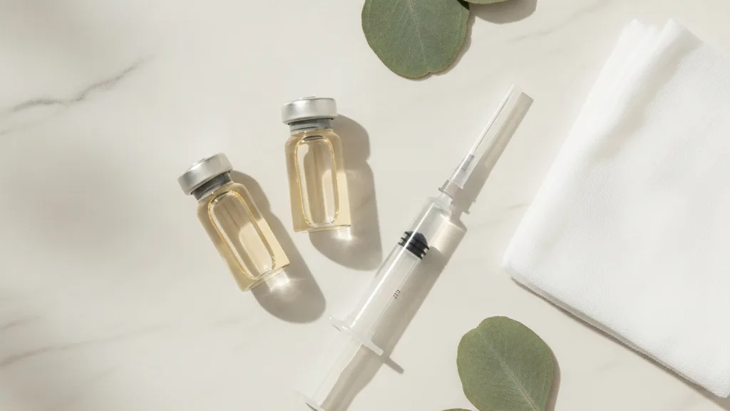 Two small amber neurotoxin vials, a slim medical syringe, white gauze and eucalyptus leaves on a clean marble clinic tray
