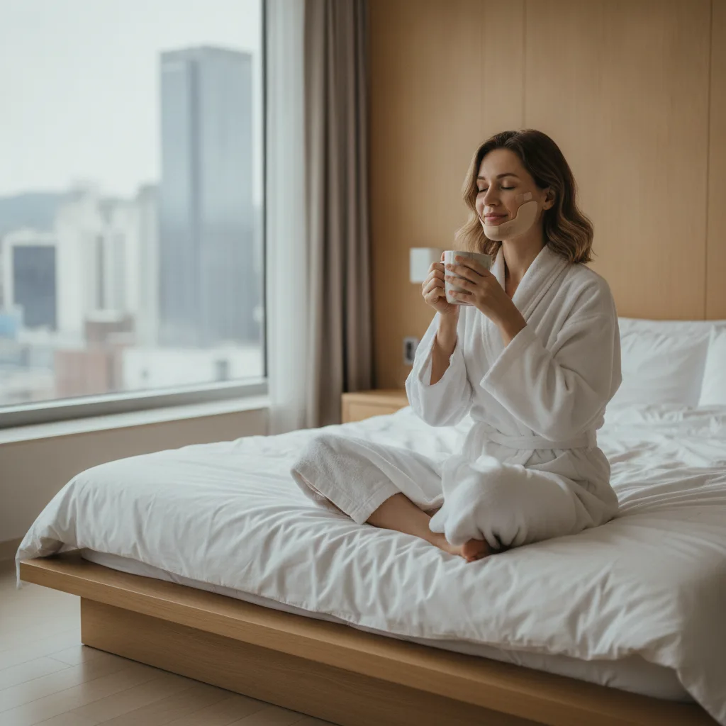 Western woman in a white robe resting on a bed in a minimal Gangnam apartment with a mild post-surgical face wrap