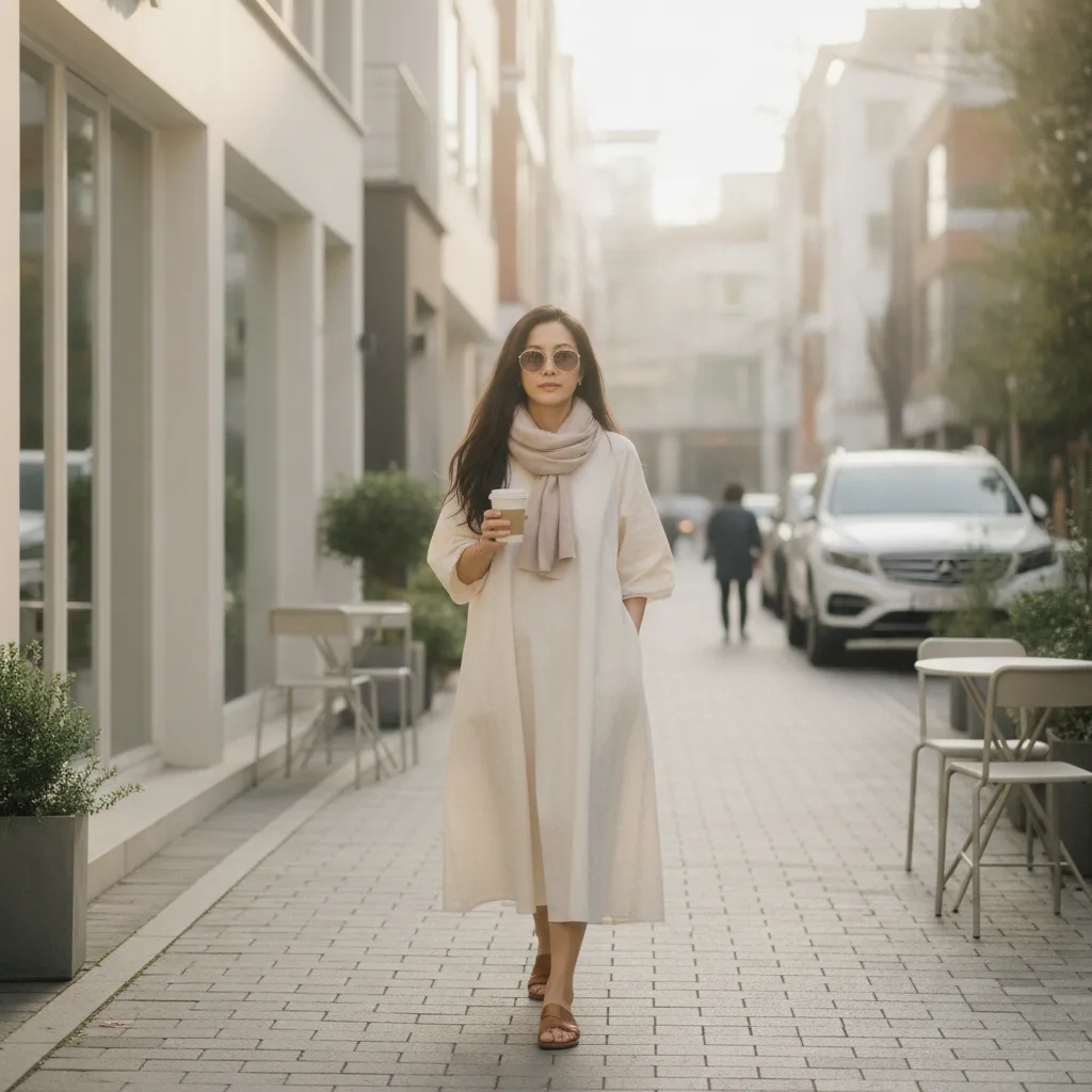 Woman walking an Apgujeong street during post-surgery recovery