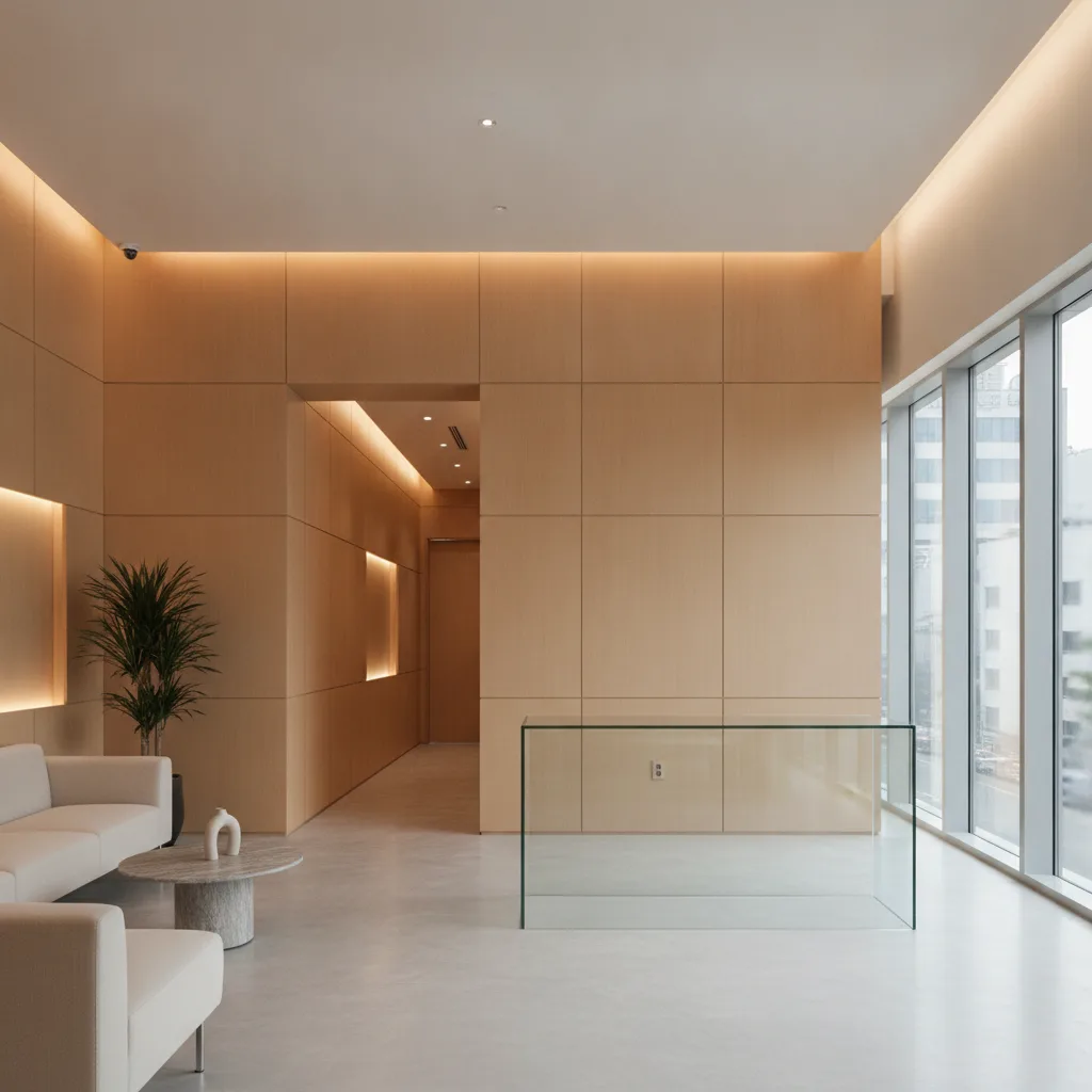 Modern aesthetic clinic reception in Gangnam, Seoul with warm wood and soft lighting