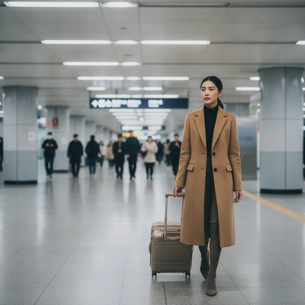 Thai woman in a camel coat walking through Gangnam Station concourse with a cabin suitcase.