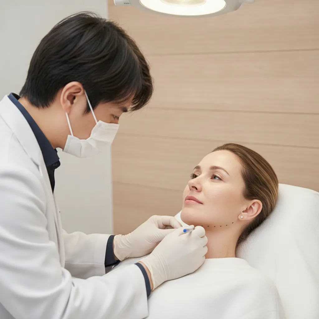 A Caucasian woman in her mid-thirties lying on a treatment chair as a Seoul doctor marks thread entry points along her jawline with a surgical pen