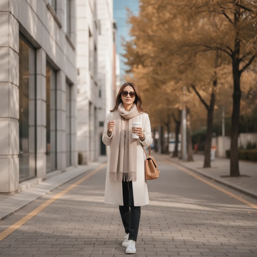 Thai woman walking a Cheongdam Seoul backstreet with a small nasal splint in afternoon light after a rhinoplasty procedure