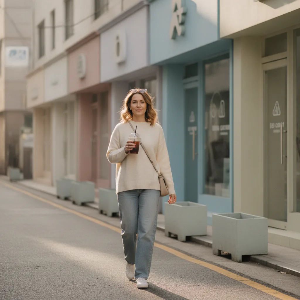 Caucasian woman in her early thirties walking along a Sinnonhyeon side street in Seoul with an iced coffee, mid-afternoon winter light.