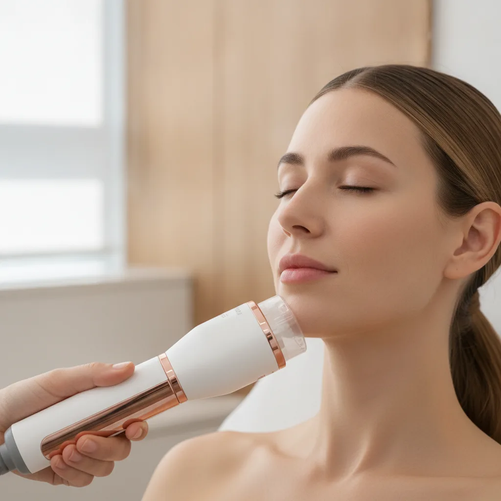 HIFU/Ultherapy handpiece applied to a Western woman's jawline in a Seoul aesthetic clinic treatment room