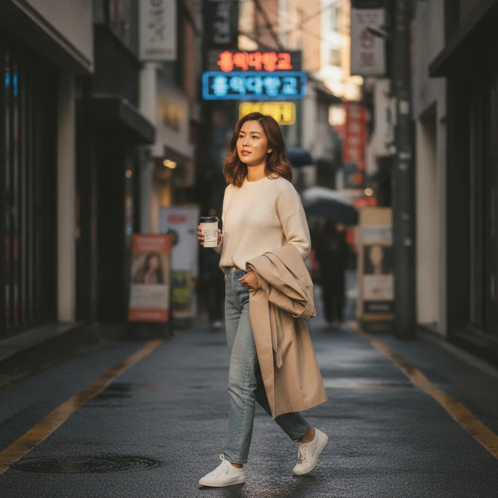 Thai woman in her late twenties walking a Hongdae side street in Seoul post-treatment with a takeaway coffee, Hongik University neon signs blurred in the background