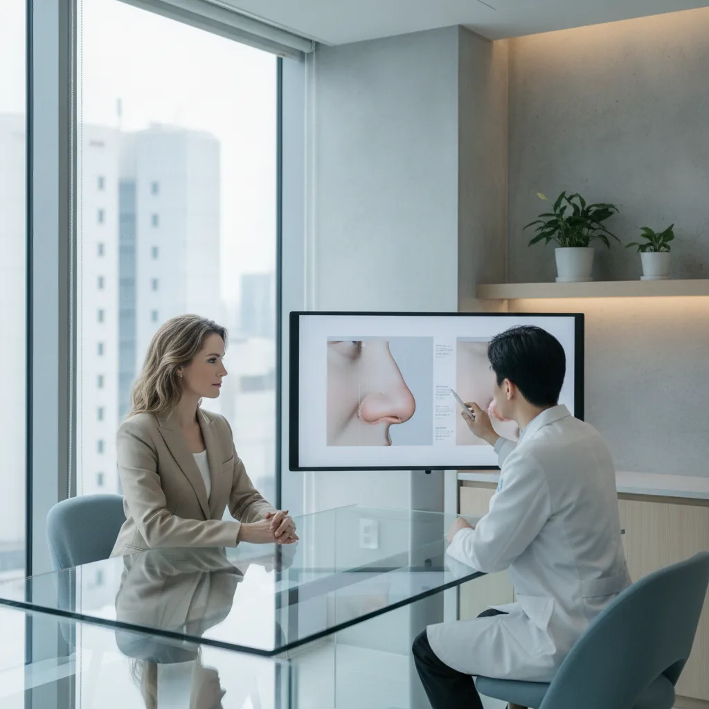 Caucasian woman in her thirties reviewing a 3D nasal profile scan with a surgeon at a Gangnam Seoul rhinoplasty consultation