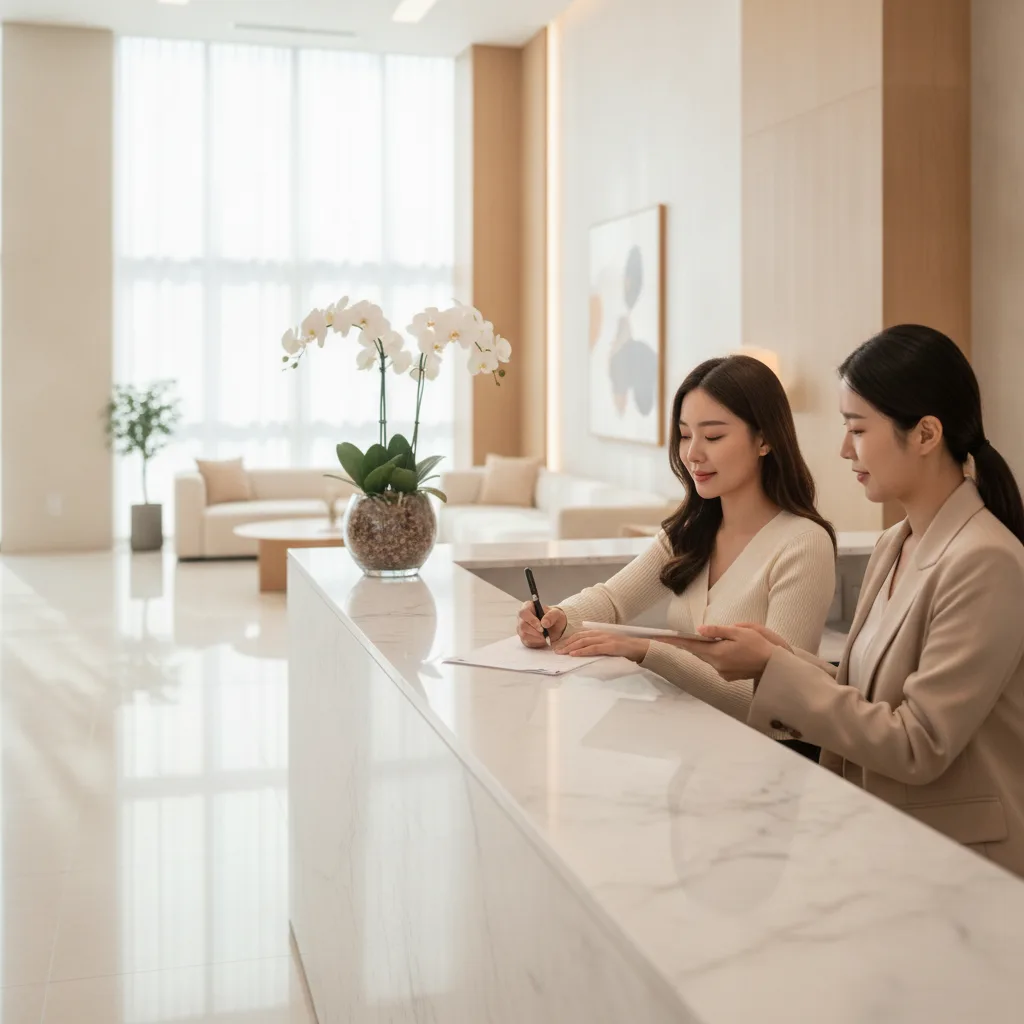 International patient at a Seoul plastic surgery hospital reception desk with English-speaking coordinator