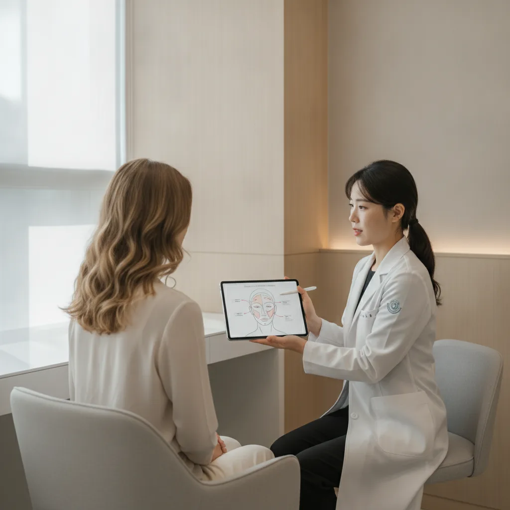 Caucasian woman in her early thirties in a Gangnam aesthetic clinic consultation reviewing a facial lifting zone chart on a tablet