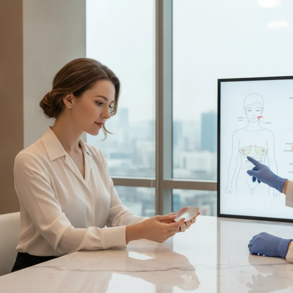 Western woman in her thirties reviewing a breast implant sample with a surgeon at a Seoul Apgujeong plastic surgery consultation table