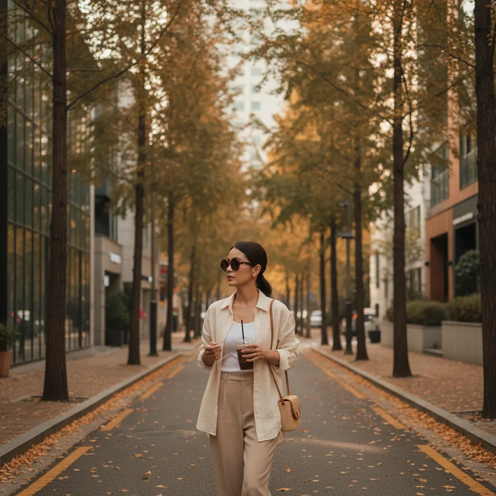 Thai woman in her mid-thirties in a loose linen shirt walking a tree-lined Apgujeong Seoul street holding iced coffee during post-surgery recovery