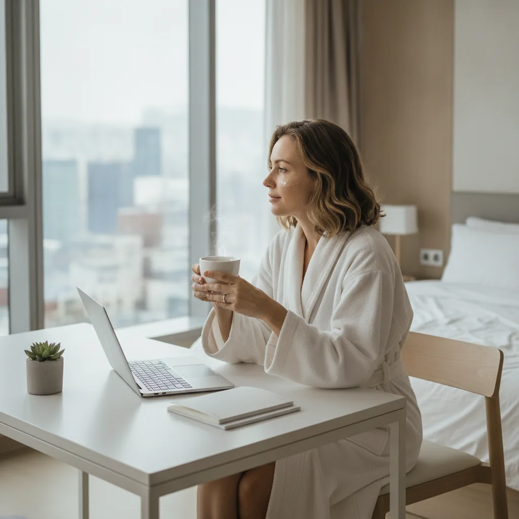 Caucasian woman in a cream robe at a minimalist Apgujeong serviced apartment desk