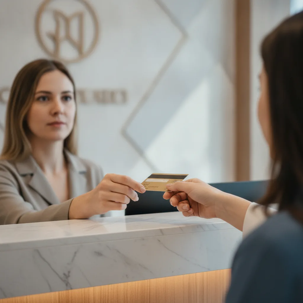 Foreign patient handing a credit card to the receptionist at a Gangnam aesthetic clinic