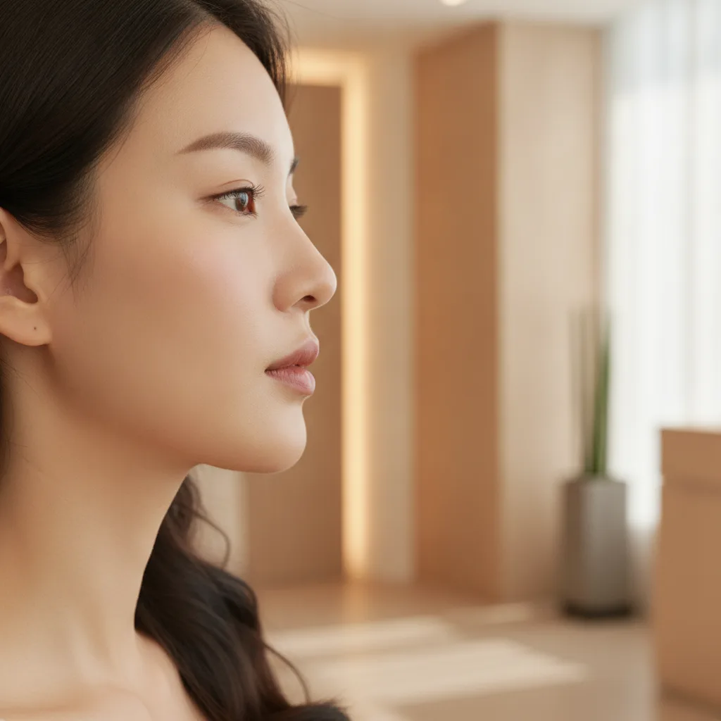 Close-up profile view of a woman's chin and jawline, used to illustrate projection and vertical height differences