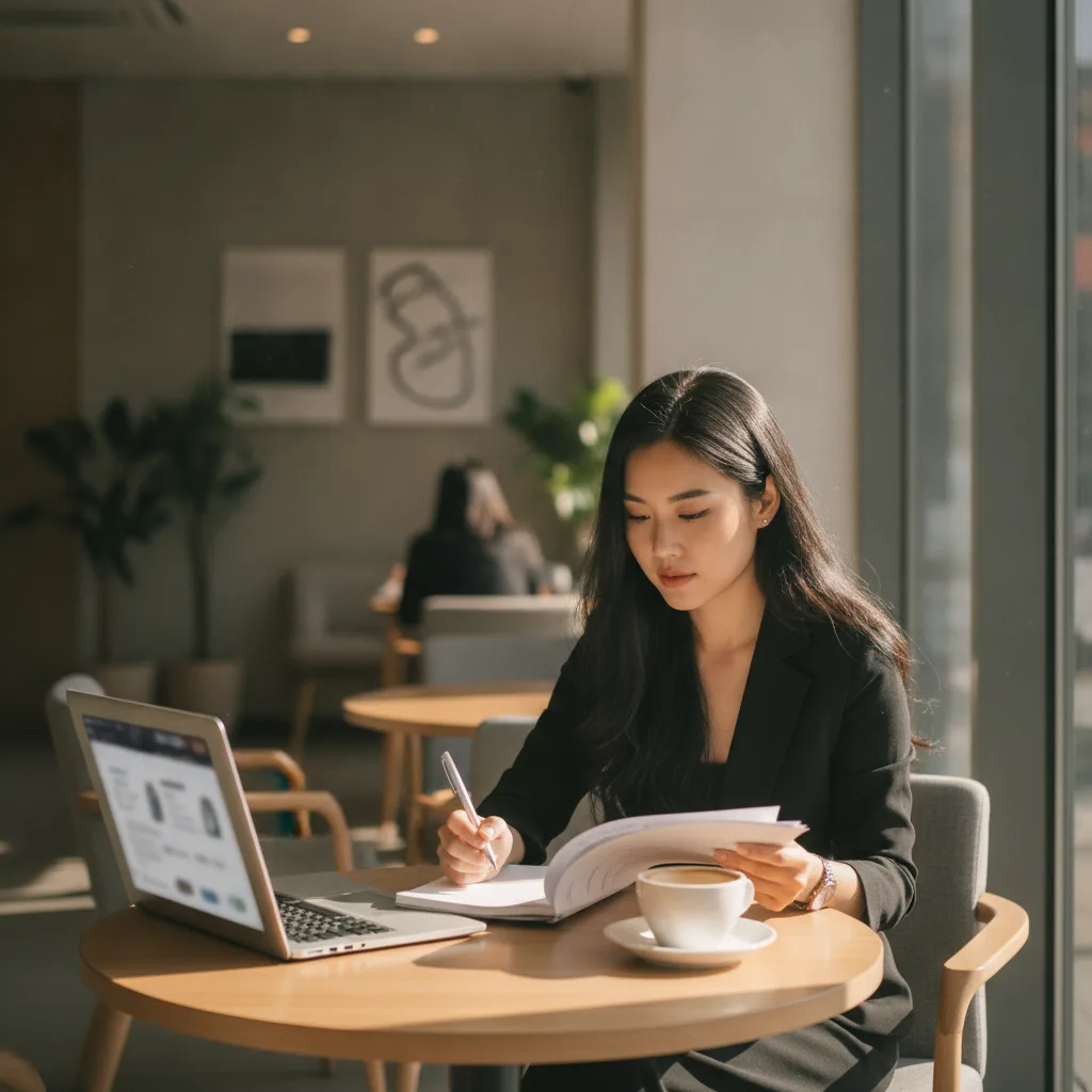 Thai woman reviewing paperwork at a cafe table in Apgujeong Seoul with a laptop and coffee.