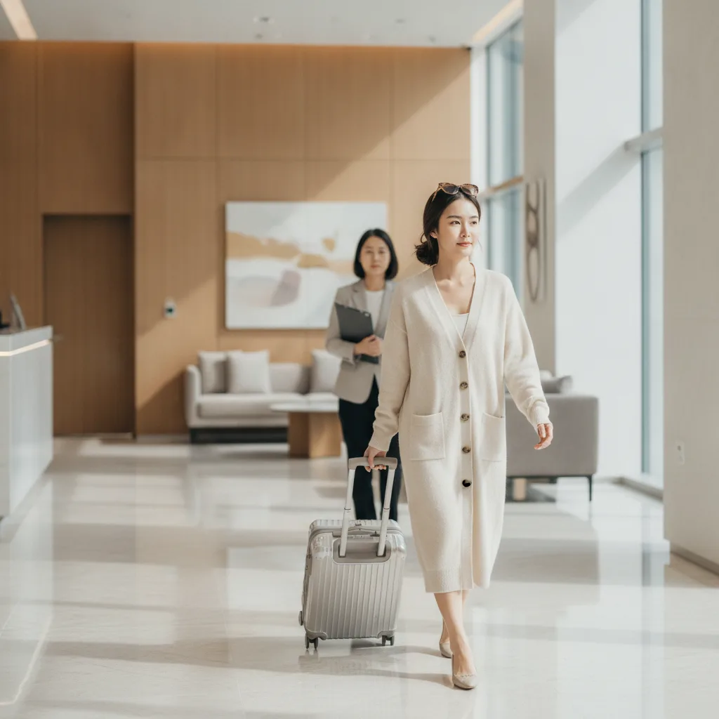 Thai woman in a cream cardigan pulling a carry-on suitcase through a Gangnam clinic lobby with a coordinator behind her holding a document folder.