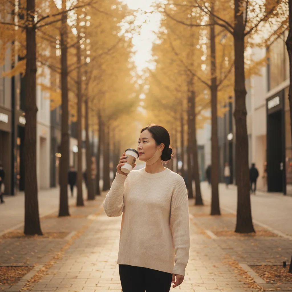 Post-recovery patient walking through Cheongdam Seoul with light chin compression wrap after two-jaw surgery